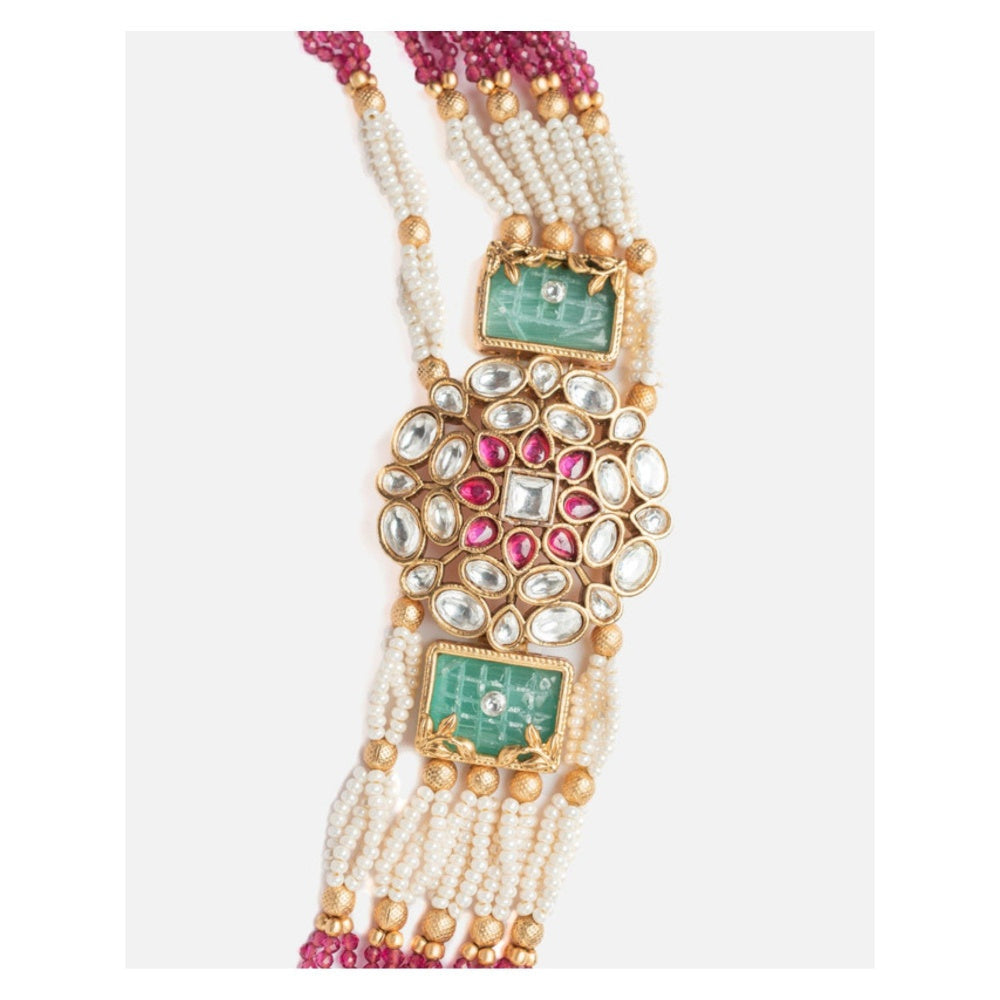 VIVINIA By Vidhi Mehra Isvaraah 2.0 Gold Plated Pink Long Necklace Set With Earrings