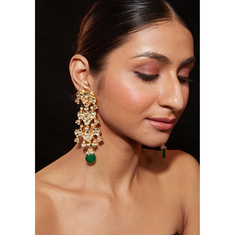 VIVINIA By Vidhi Mehra Gold Plated White Kundan Studded with Single Bead Drop Dangle Earrings