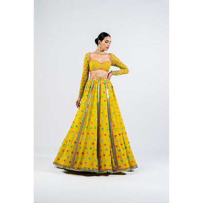 Vvani by Vani Vats Moss Green Flower Blouse with Lehenga & Dupatta (Set of 3)