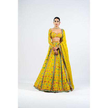 Vvani by Vani Vats Moss Green Flower Blouse with Lehenga & Dupatta (Set of 3)