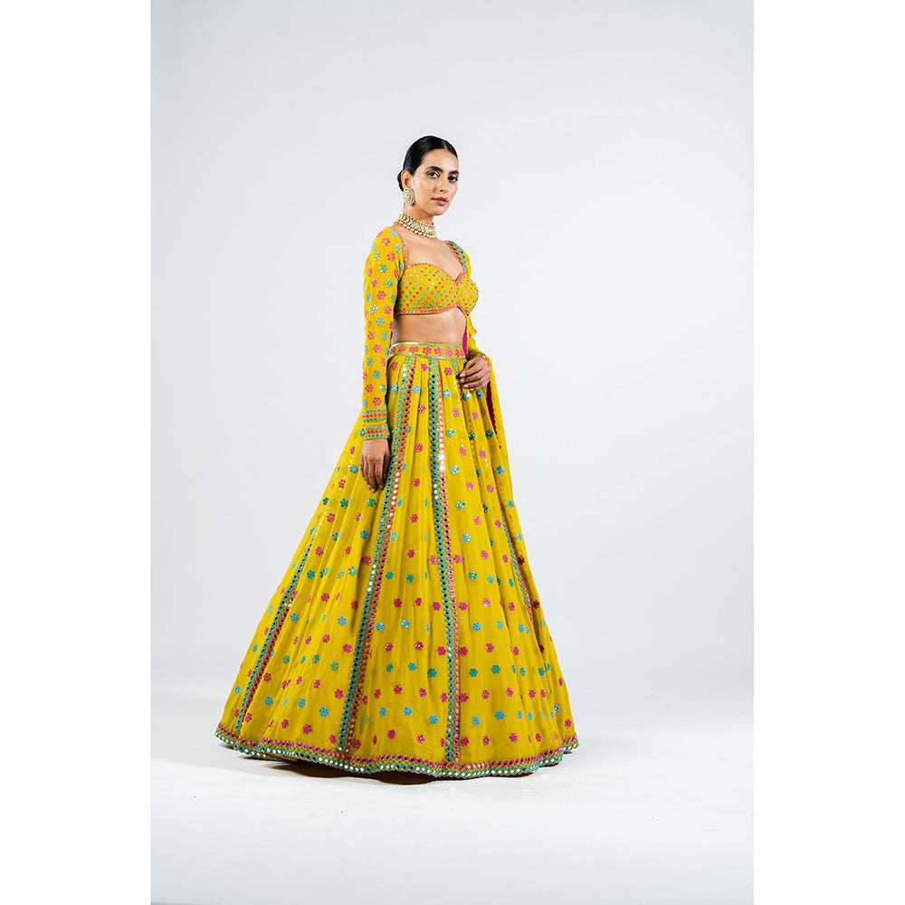 Vvani by Vani Vats Moss Green Flower Blouse with Lehenga & Dupatta (Set of 3)