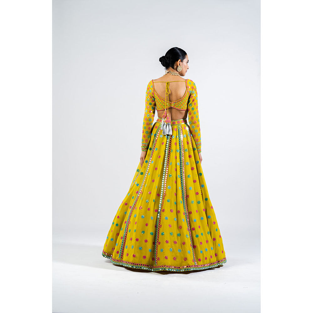 Vvani by Vani Vats Moss Green Flower Blouse with Lehenga & Dupatta (Set of 3)