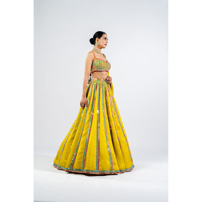 Vvani by Vani Vats Moss Green Mirror Seam Blouse with Lehenga & Dupatta (Set of 3)
