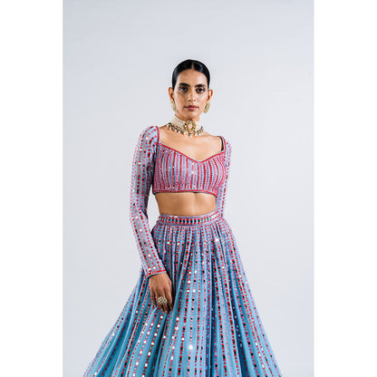Vvani by Vani Vats Ice Blue Linear Drop Blouse with Lehenga & Dupatta (Set of 3)