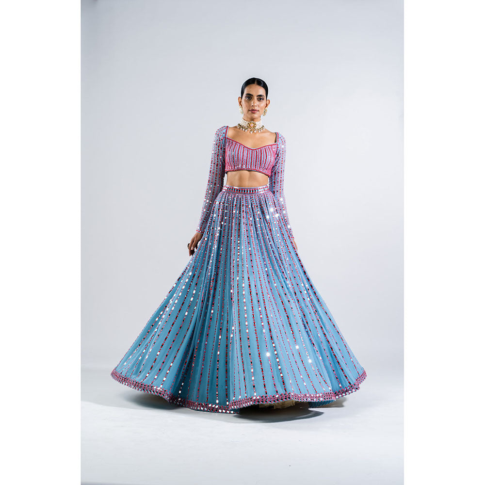 Vvani by Vani Vats Ice Blue Linear Drop Blouse with Lehenga & Dupatta (Set of 3)