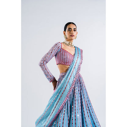 Vvani by Vani Vats Ice Blue Linear Drop Blouse with Lehenga & Dupatta (Set of 3)