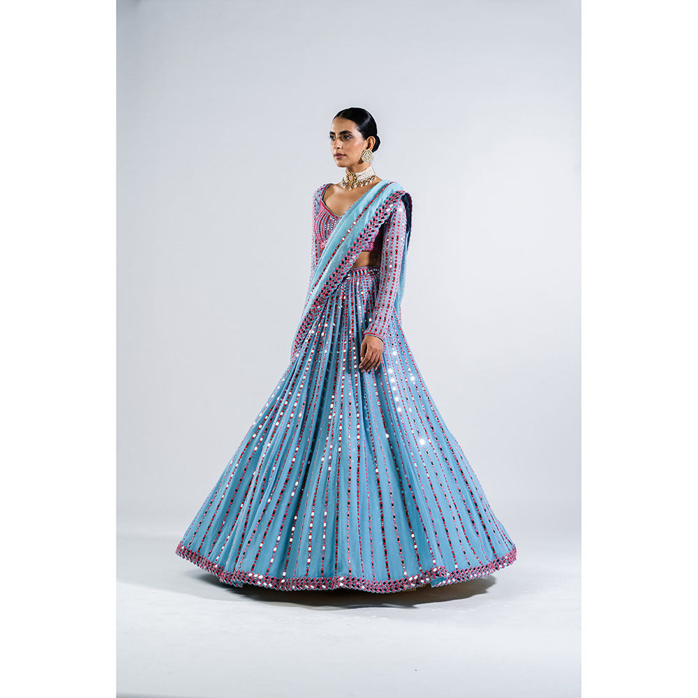 Vvani by Vani Vats Ice Blue Linear Drop Blouse with Lehenga & Dupatta (Set of 3)