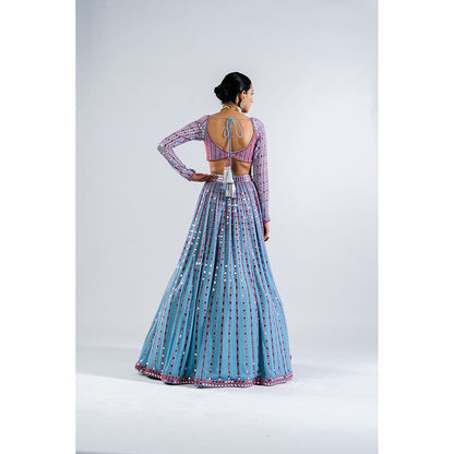 Vvani by Vani Vats Ice Blue Linear Drop Blouse with Lehenga & Dupatta (Set of 3)