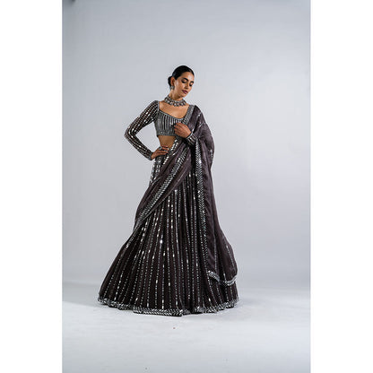 Vvani by Vani Vats Charcoal Grey Linear Drop Blouse with Lehenga & Dupatta (Set of 3)