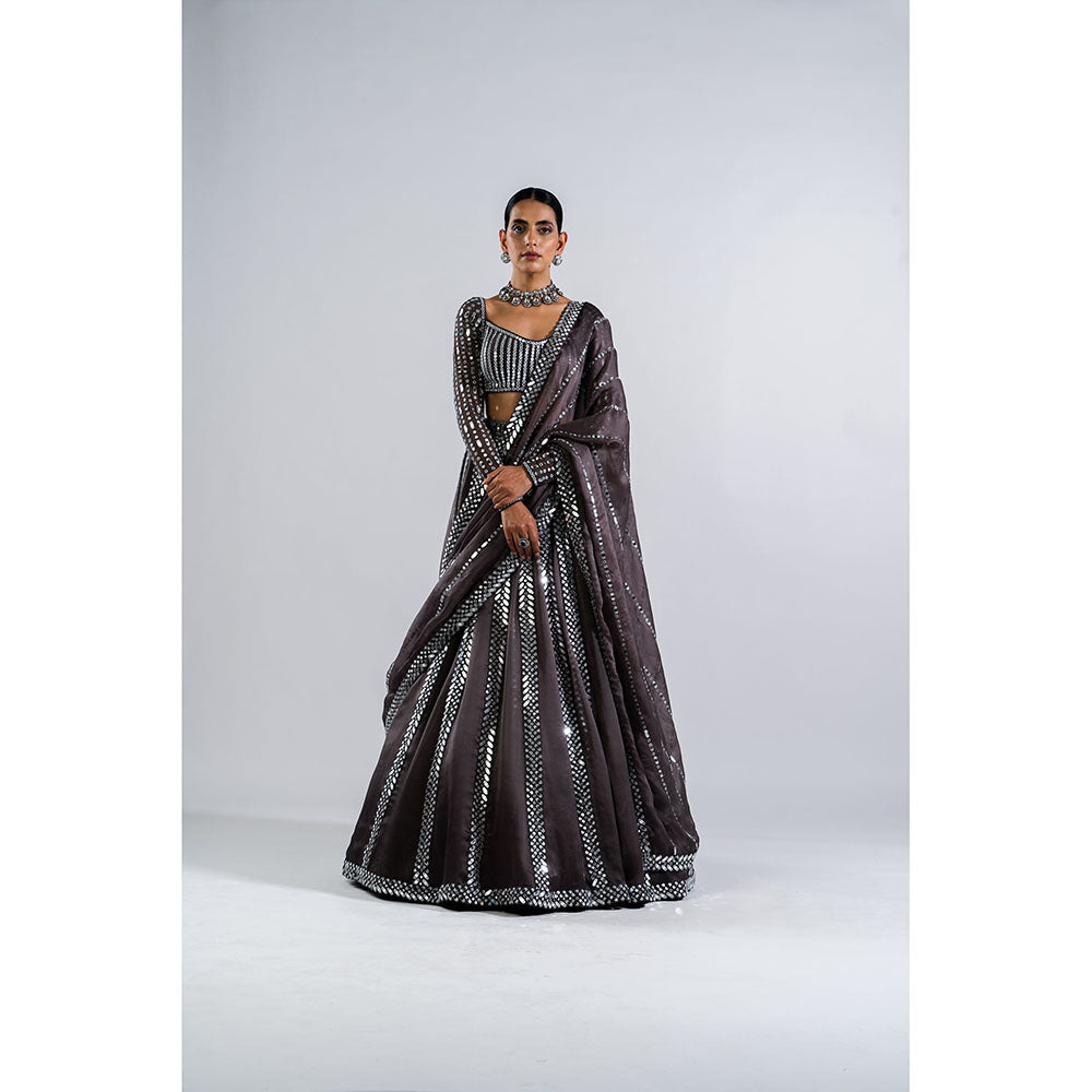 Vvani by Vani Vats Charcoal Grey Mirror Seam Blouse with Lehenga & Dupatta (Set of 3)