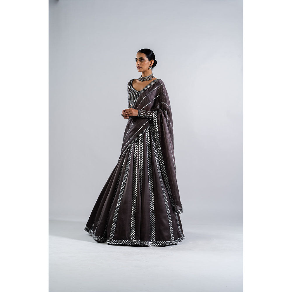 Vvani by Vani Vats Charcoal Grey Mirror Seam Blouse with Lehenga & Dupatta (Set of 3)