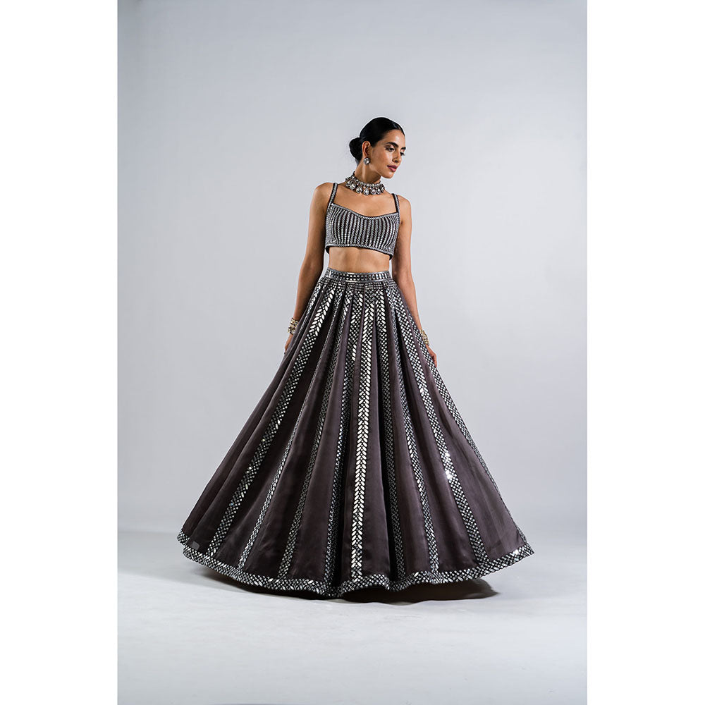 Vvani by Vani Vats Charcoal Grey Seam Lehenga with Mirror Blouse & Dupatta (Set of 3)