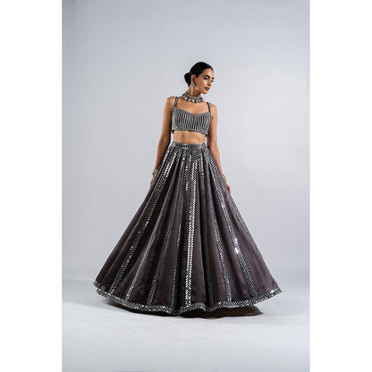 Vvani by Vani Vats Charcoal Grey Seam Lehenga with Mirror Blouse & Dupatta (Set of 3)