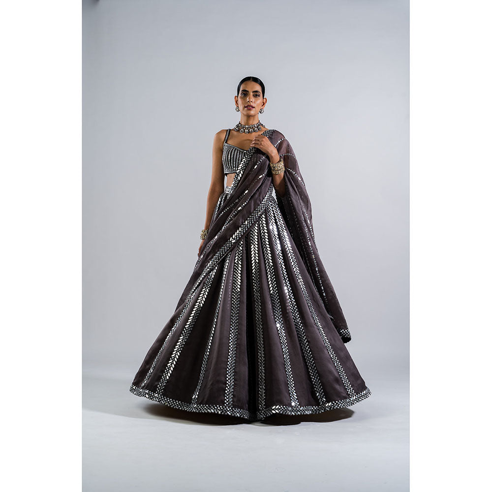 Vvani by Vani Vats Charcoal Grey Seam Lehenga with Mirror Blouse & Dupatta (Set of 3)