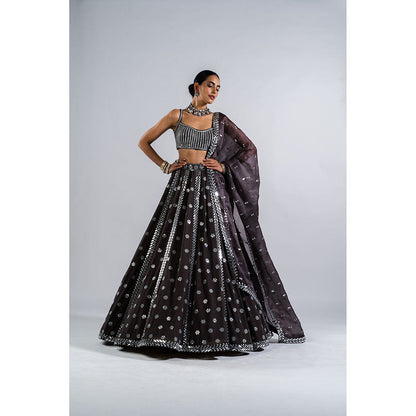 Vvani by Vani Vats Charcoal Grey Flower Blouse with Lehenga & Dupatta (Set of 3)