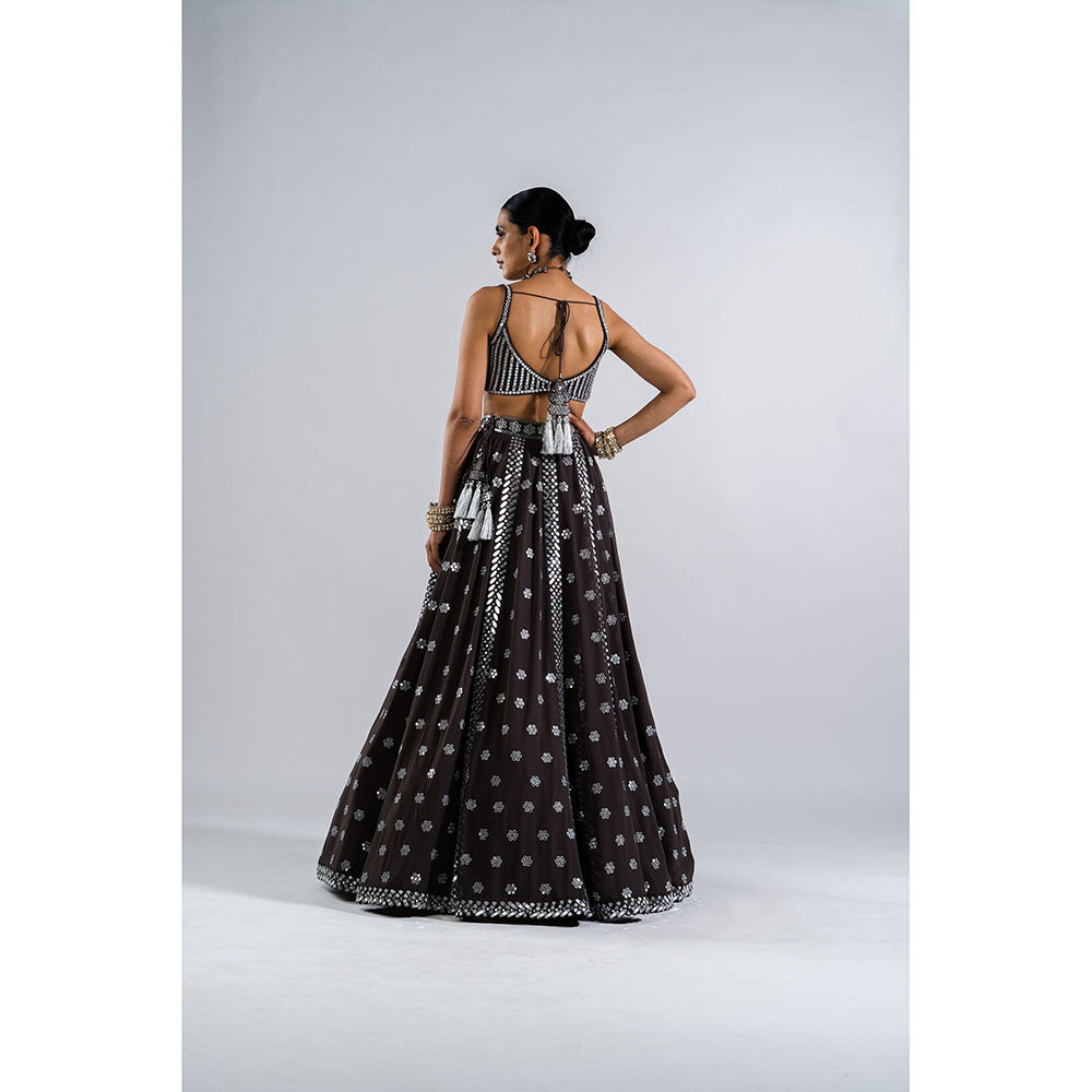 Vvani by Vani Vats Charcoal Grey Flower Blouse with Lehenga & Dupatta (Set of 3)