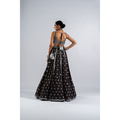 Vvani by Vani Vats Charcoal Grey Flower Blouse with Lehenga & Dupatta (Set of 3)