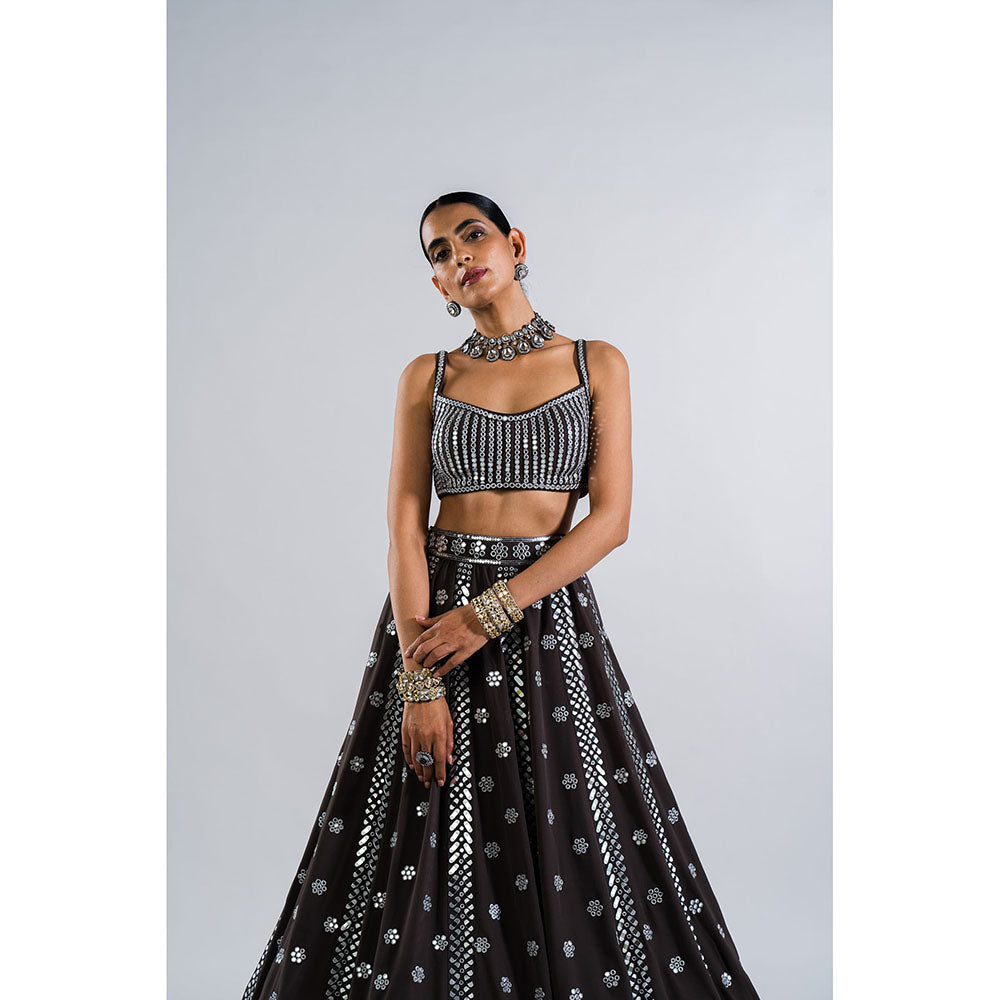 Vvani by Vani Vats Charcoal Grey Flower Blouse with Lehenga & Dupatta (Set of 3)