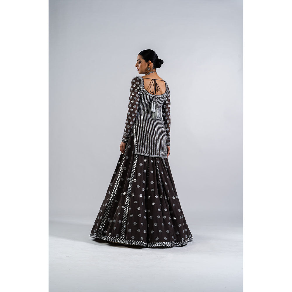 Vvani by Vani Vats Charcoal Grey Mirror Work Kurti with Lehenga & Dupatta (Set of 3)