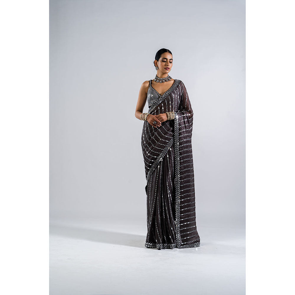 Vvani by Vani Vats Charcoal Grey Mirror Work Saree with Metallic Stitched Blouse