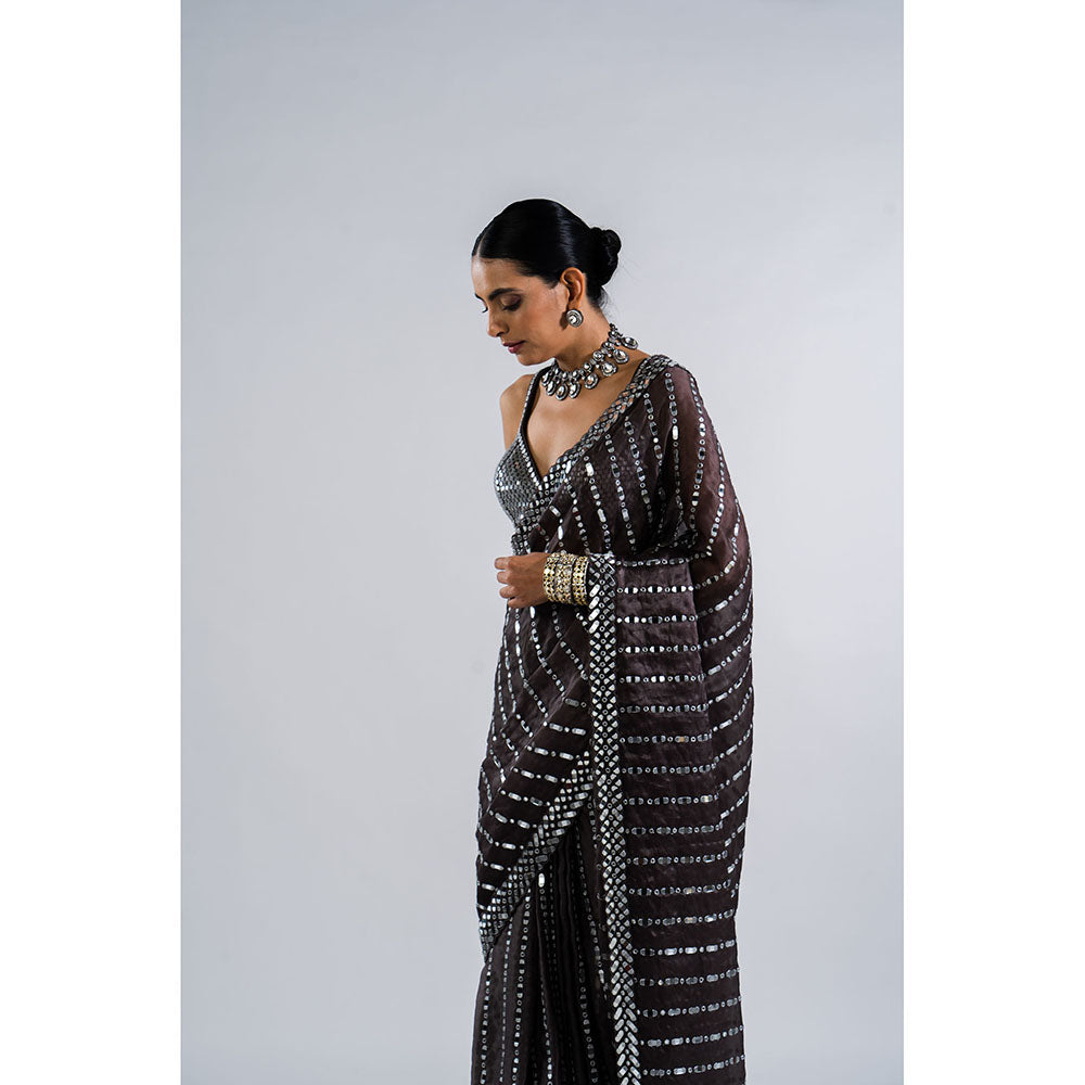 Vvani by Vani Vats Charcoal Grey Mirror Work Saree with Metallic Stitched Blouse