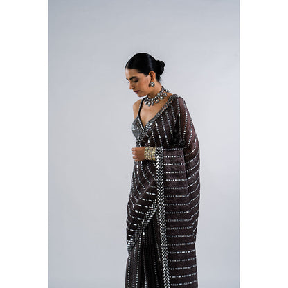 Vvani by Vani Vats Charcoal Grey Mirror Work Saree with Metallic Stitched Blouse