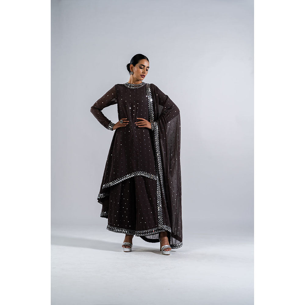 Vvani by Vani Vats Charcoal Grey Asymmetrical Kurta & Palazzo with Dupatta (Set of 3)
