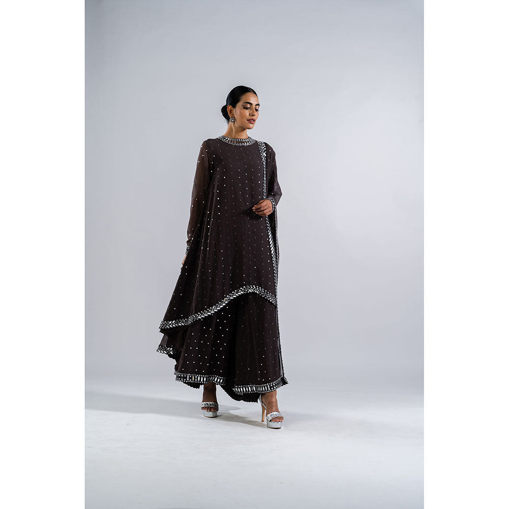 Vvani by Vani Vats Charcoal Grey Asymmetrical Kurta & Palazzo with Dupatta (Set of 3)