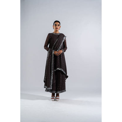 Vvani by Vani Vats Charcoal Grey Asymmetrical Kurta & Palazzo with Dupatta (Set of 3)