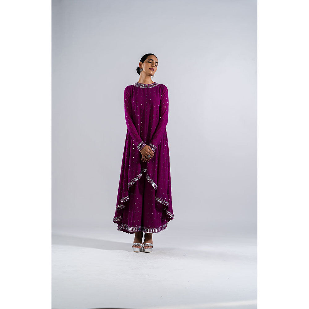 Vvani by Vani Vats Pop Wine Asymmetrical Kurta with Palazzo (Set of 2)