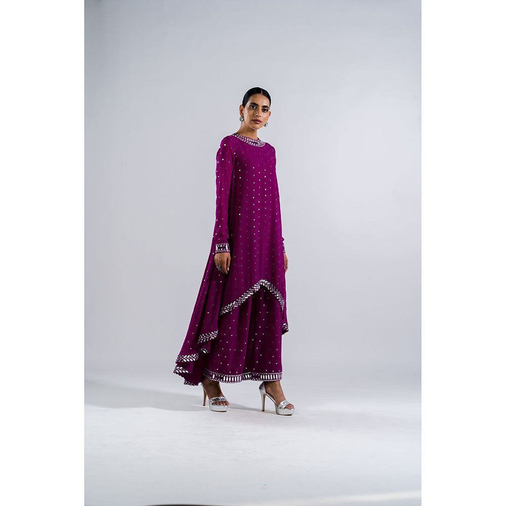 Vvani by Vani Vats Pop Wine Asymmetrical Kurta with Palazzo (Set of 2)