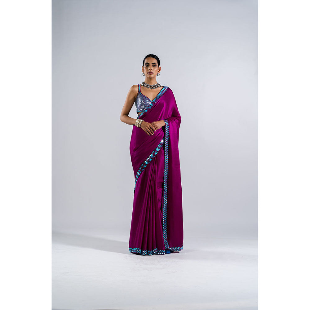 Vvani by Vani Vats Pop Wine Satin Chiffon Saree & Stitched Blouse