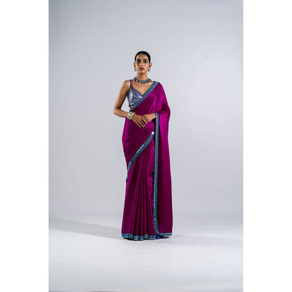 Vvani by Vani Vats Pop Wine Satin Chiffon Saree & Stitched Blouse