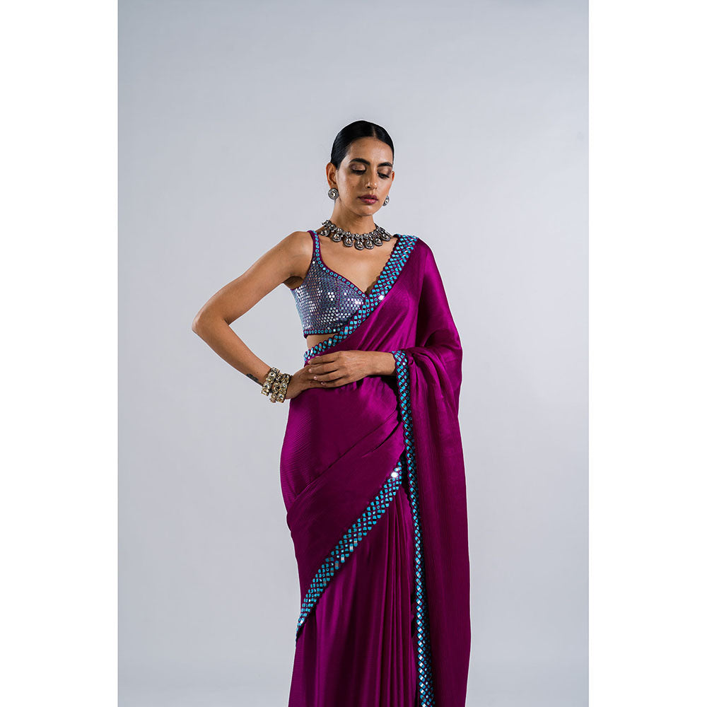 Vvani by Vani Vats Pop Wine Satin Chiffon Saree & Stitched Blouse