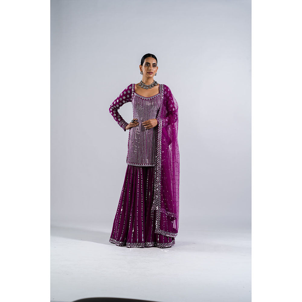 Vvani by Vani Vats Pop Wine Kurti with Sharara & Dupatta (Set of 3)