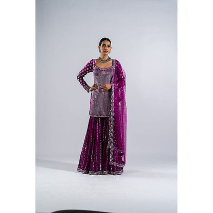 Vvani by Vani Vats Pop Wine Kurti with Sharara & Dupatta (Set of 3)
