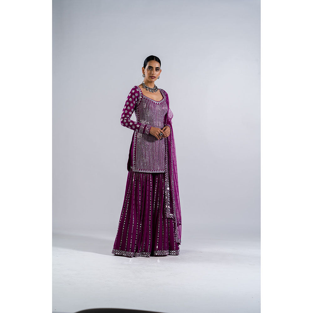 Vvani by Vani Vats Pop Wine Kurti with Sharara & Dupatta (Set of 3)