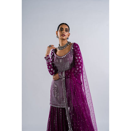 Vvani by Vani Vats Pop Wine Kurti with Sharara & Dupatta (Set of 3)