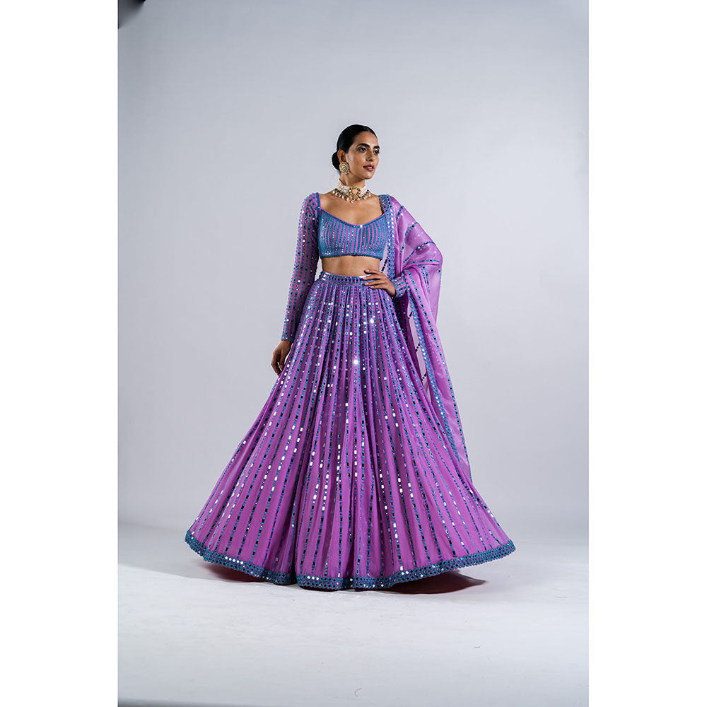 Vvani by Vani Vats Lavender Linear Drop Blouse with Lehenga & Dupatta (Set of 3)