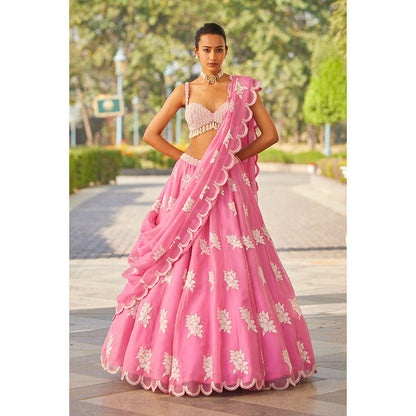 Vvani by Vani Vats Pink Flower Blouse with Lehenga & Dupatta (Set of 3)
