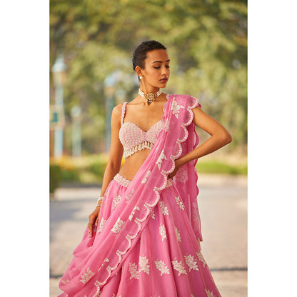 Vvani by Vani Vats Pink Flower Blouse with Lehenga & Dupatta (Set of 3)