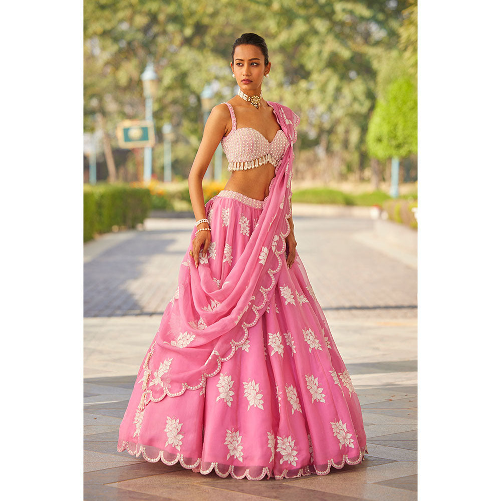 Vvani by Vani Vats Pink Flower Blouse with Lehenga & Dupatta (Set of 3)