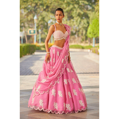 Vvani by Vani Vats Pink Flower Blouse with Lehenga & Dupatta (Set of 3)