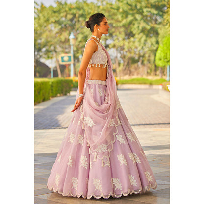 Vvani by Vani Vats Powder Lilac Flower Blouse with Lehenga & Dupatta (Set of 3)