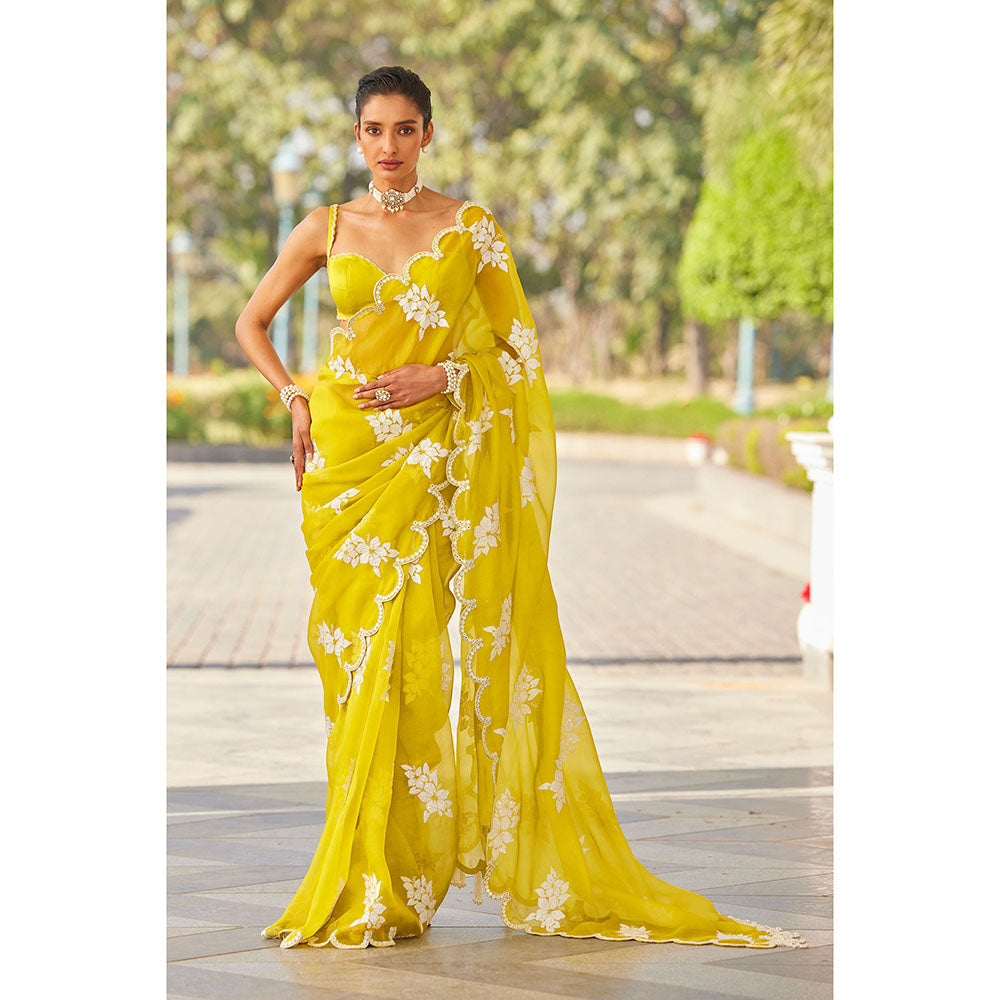 Vvani by Vani Vats Moss Green Flower Saree & Stitched Blouse
