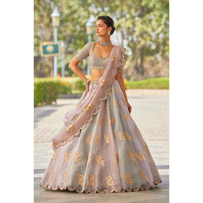 Vvani by Vani Vats Powder Grey Flower Blouse with Lehenga & Dupatta (Set of 3)