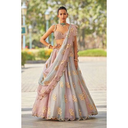Vvani by Vani Vats Ash Pink Flower Blouse with Lehenga & Dupatta (Set of 3)