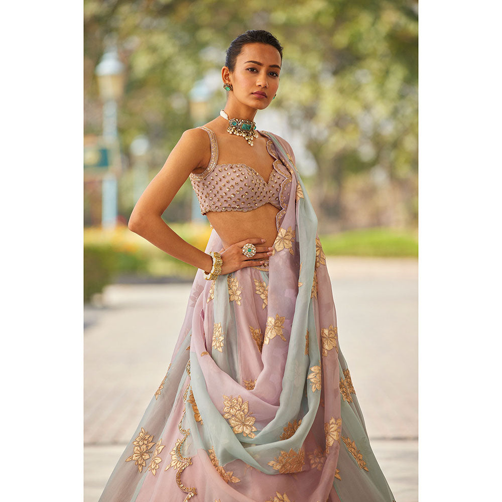 Vvani by Vani Vats Ash Pink Flower Blouse with Lehenga & Dupatta (Set of 3)