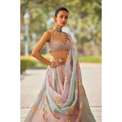 Vvani by Vani Vats Ash Pink Flower Blouse with Lehenga & Dupatta (Set of 3)