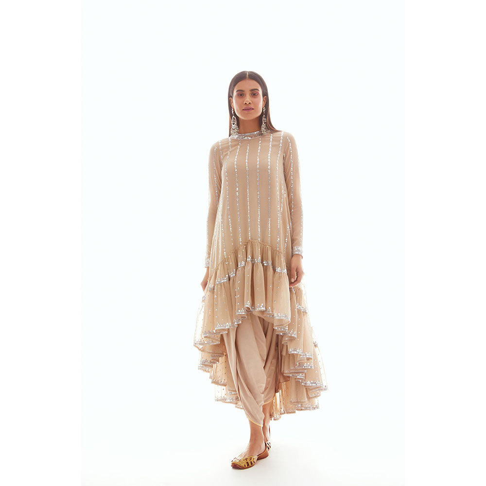 Vvani by Vani Vats Beige High Low Kurta with Dhoti & Inner (Set of 3)